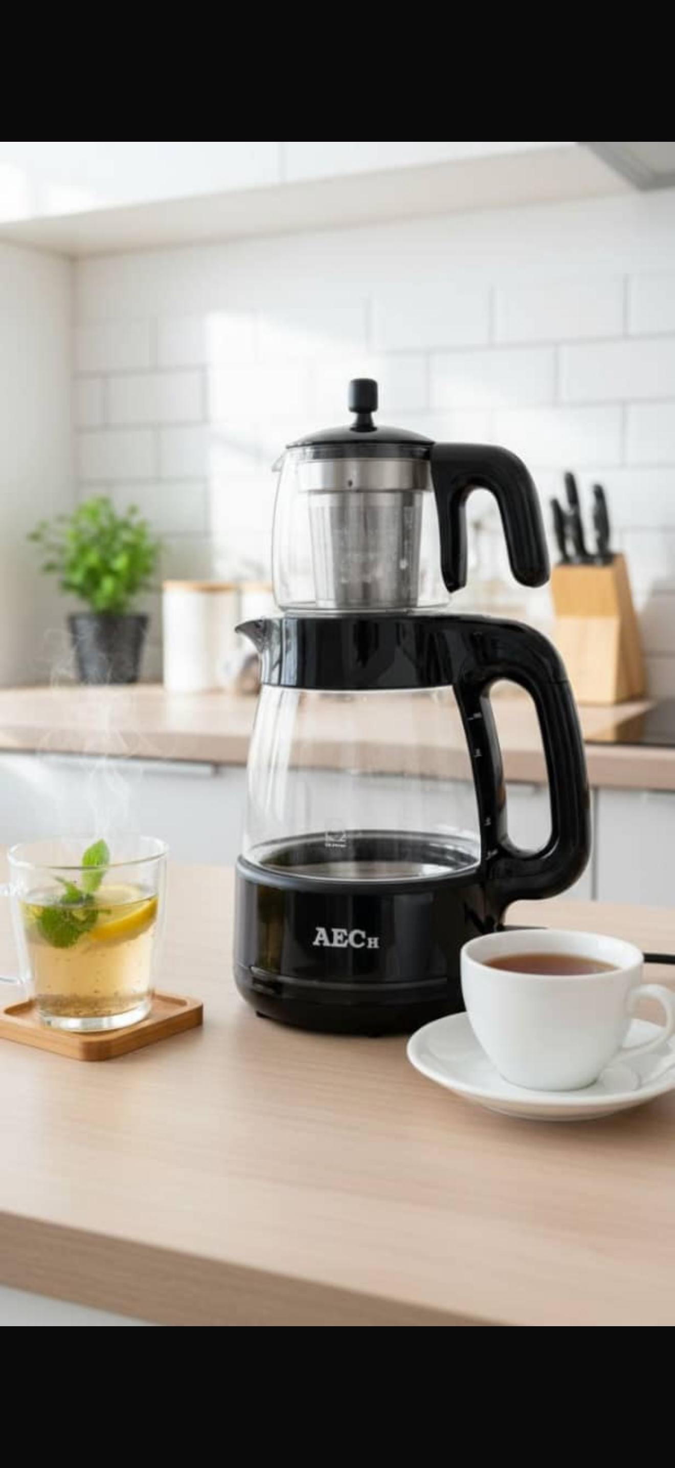 `چای ساز AEC مدل ۲۱۰۰ با کتری و قوری شیشه‌ای